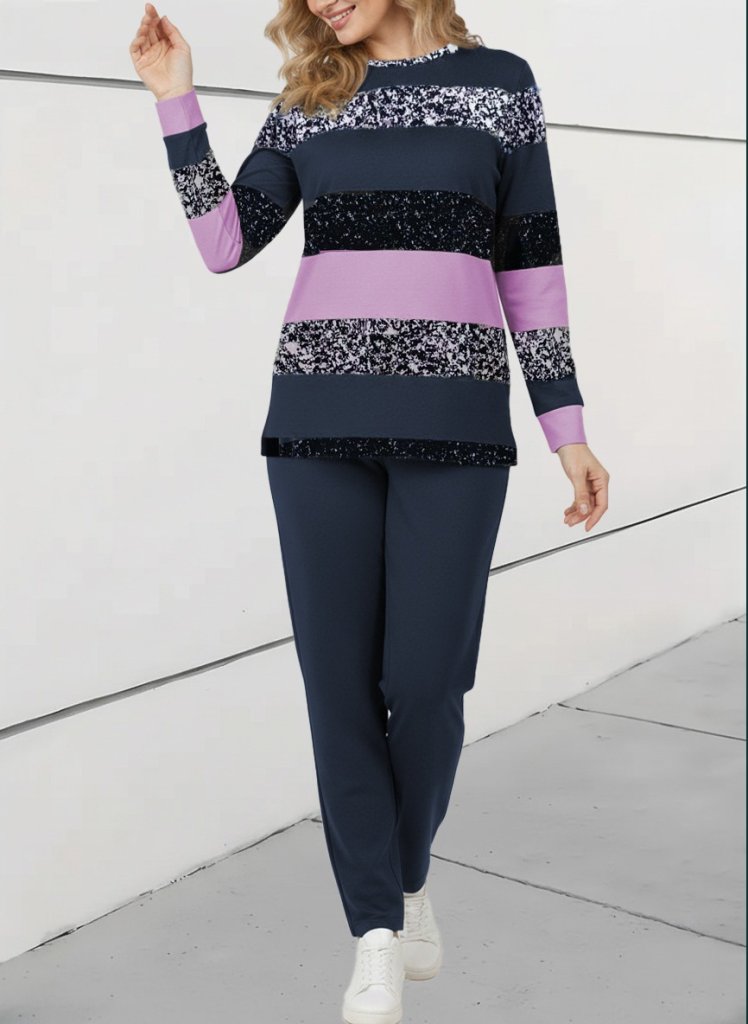 Kadın Uzun Kollu Bisiklet Yaka çizgili Desen Iki Iplik Bluz Ve Pantolon Ikili Takım