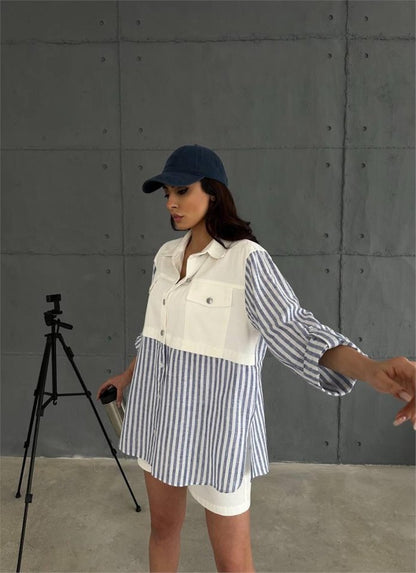 GABARDİN ŞORT - GABARDİN - ÇİZGİLİ KETEN GARNİLİ CEKET TAKIM - Lacivert