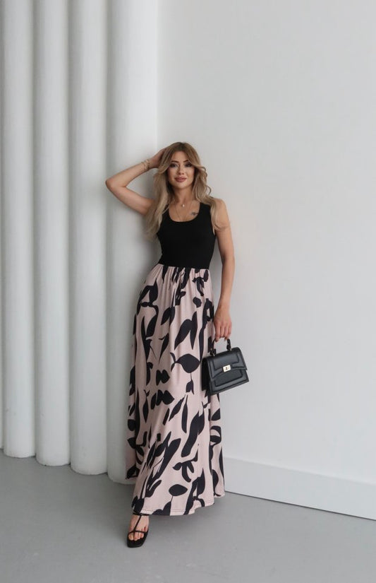 Kadın Askılı Yuvarlak Yaka üst Viskon Alt Desenli Uzun Süprem Elbise