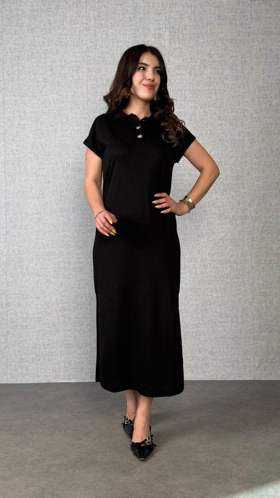 Kadın Kısa Kollu Yakalı Yandan Yırtmaçlı Viskon Iki Iplik Elbise