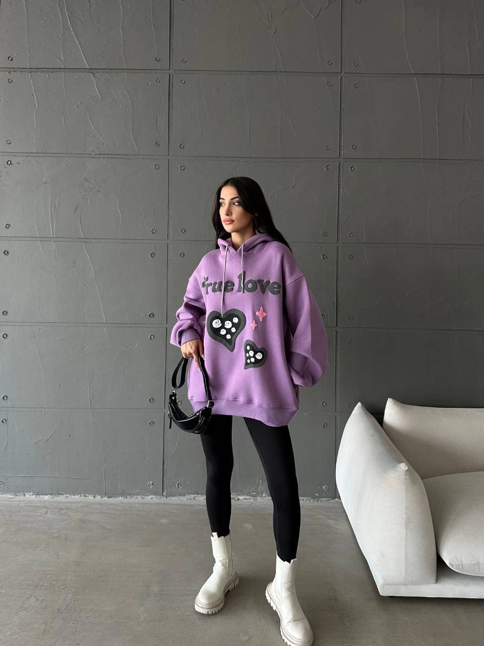 3 iplik şardonlu oversize true baskılı sweat mor