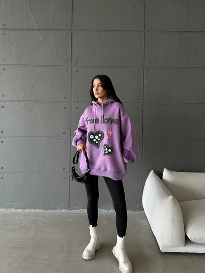 3 iplik şardonlu oversize true baskılı sweat mor