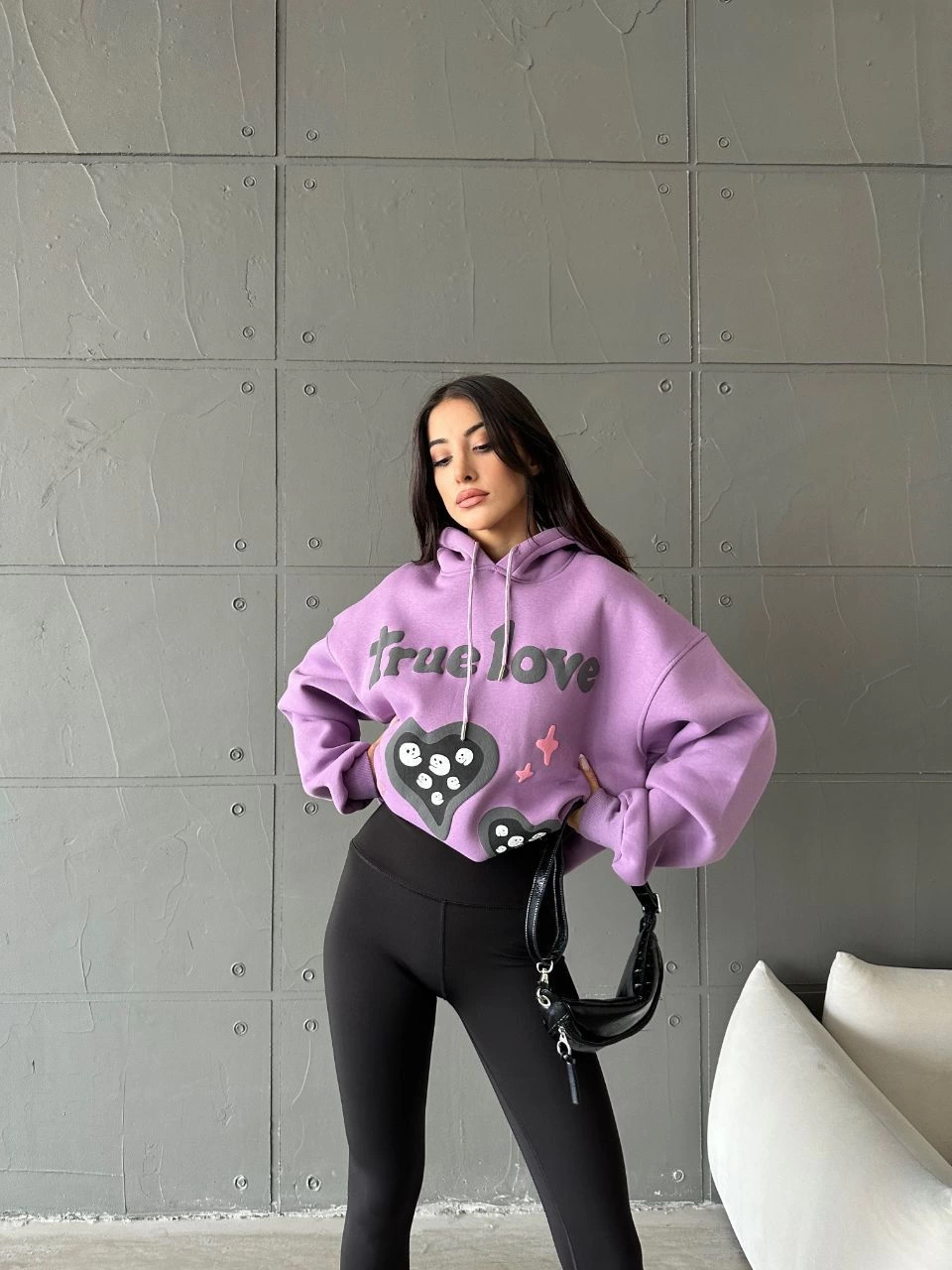 3 iplik şardonlu oversize true baskılı sweat mor