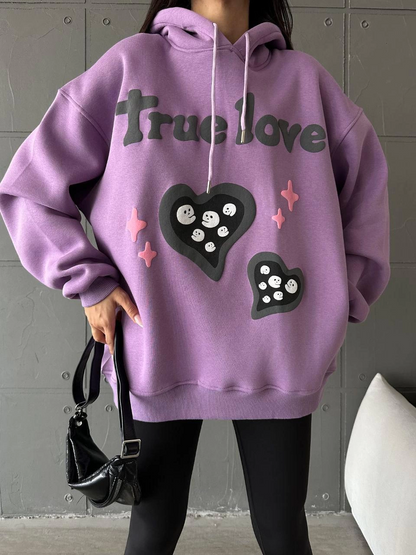 3 iplik şardonlu oversize true baskılı sweat mor