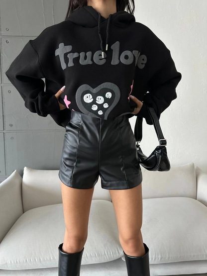 3 iplik şardonlu oversize true baskılı sweat siyah