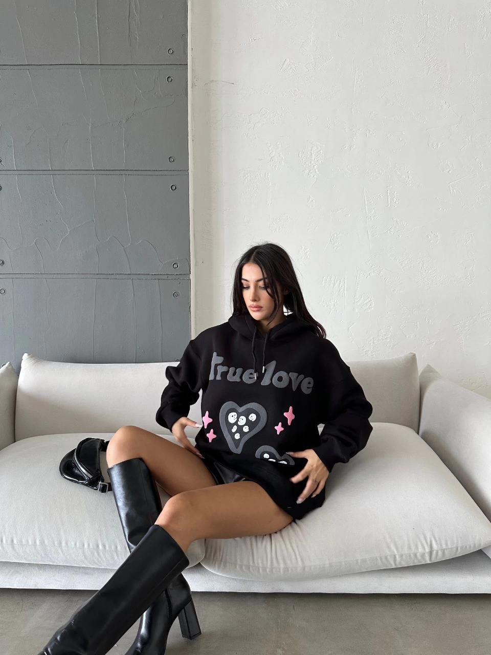 3 iplik şardonlu oversize true baskılı sweat siyah