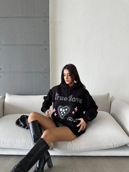 3 iplik şardonlu oversize true baskılı sweat siyah