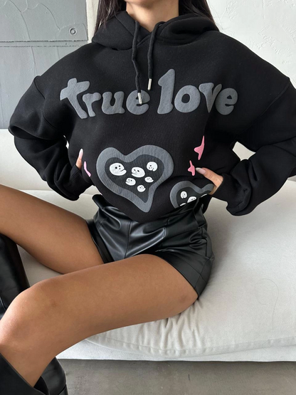 3 iplik şardonlu oversize true baskılı sweat siyah
