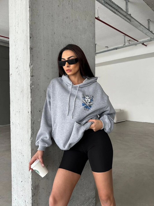3 iplik şardonlu oversize kafa baskılı sweat gri