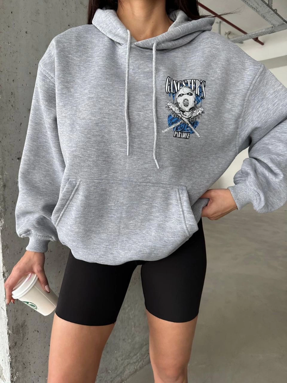 3 iplik şardonlu oversize kafa baskılı sweat gri