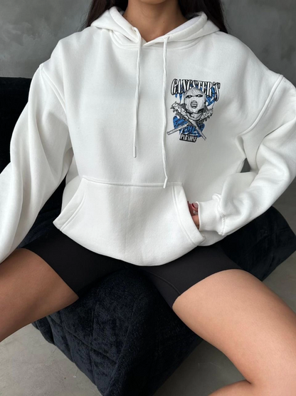 3 iplik şardonlu oversize kafa baskılı sweat beyaz