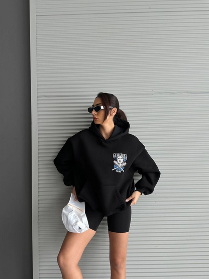 3 iplik şardonlu oversize kafa baskılı sweat siyah