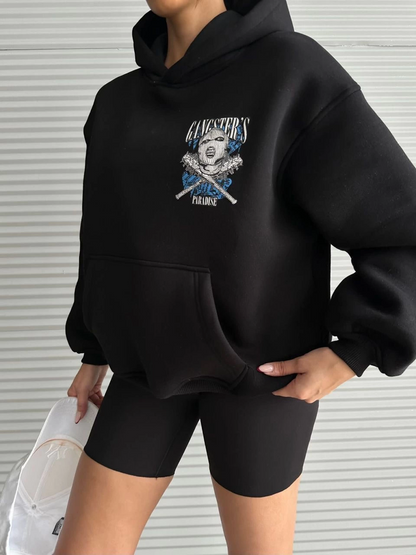 3 iplik şardonlu oversize kafa baskılı sweat siyah