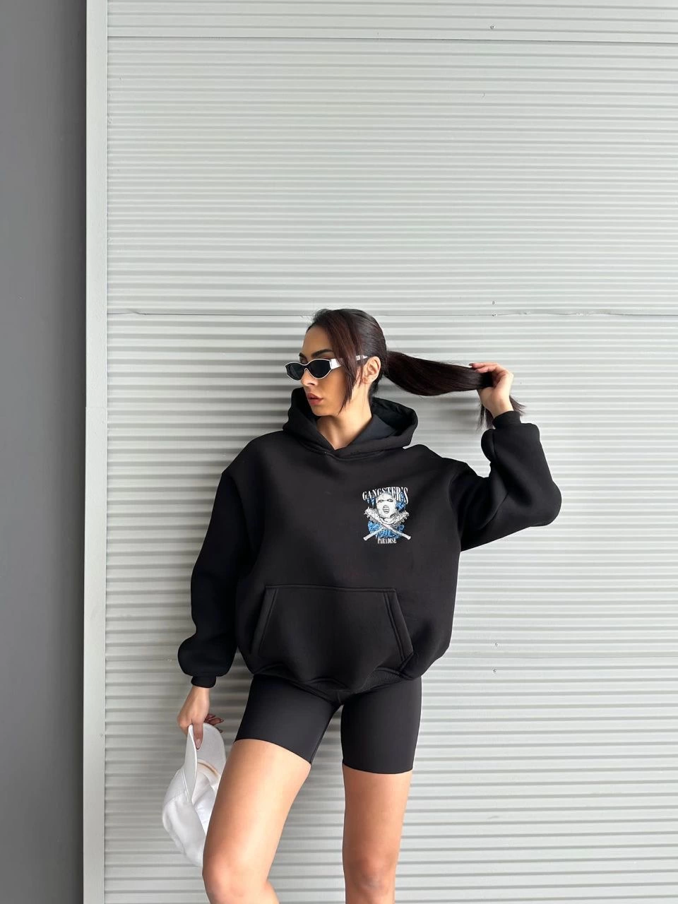 3 iplik şardonlu oversize kafa baskılı sweat siyah