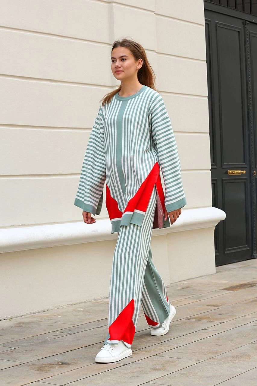 Çizgili bisiklet yaka triko takım Mint