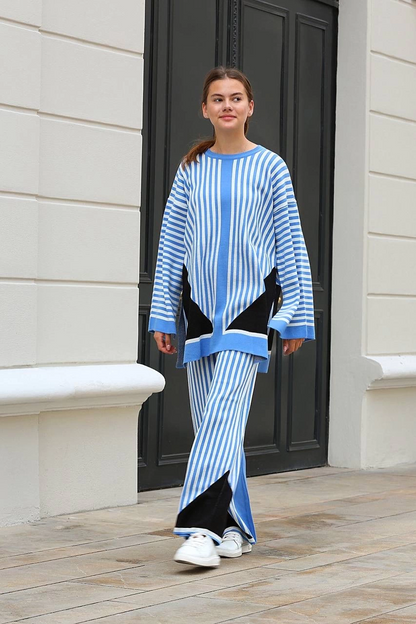 Çizgili bisiklet yaka triko takım Mavi