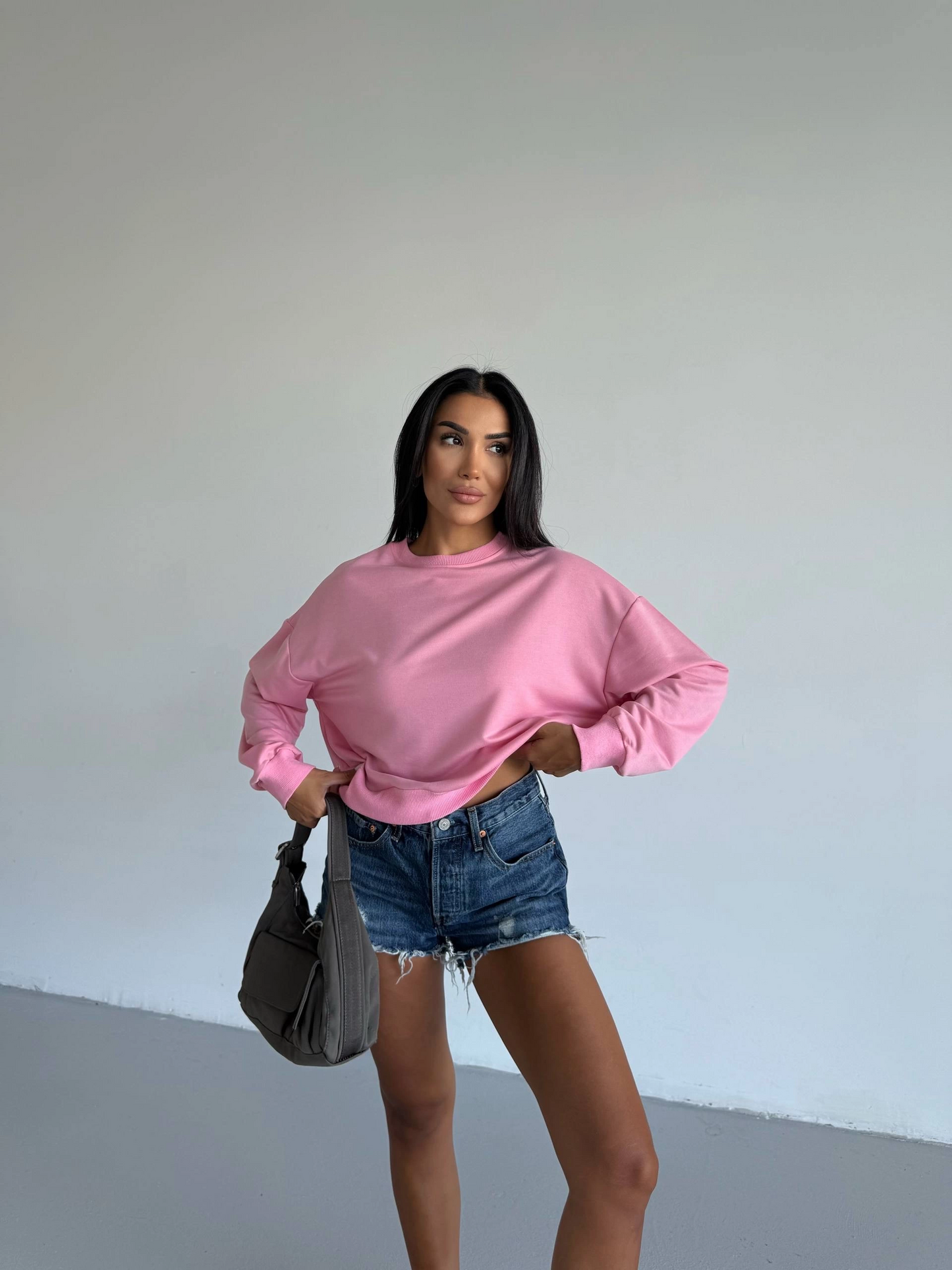 2 iplik bisiklet yaka sweat pembe f2339