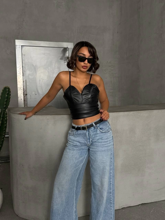 İp askılı yandan fermuarlı rastale deri crop siyah s24113