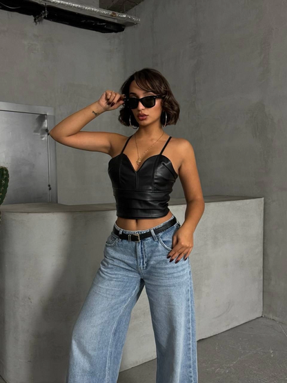 İp askılı yandan fermuarlı rastale deri crop siyah s24113