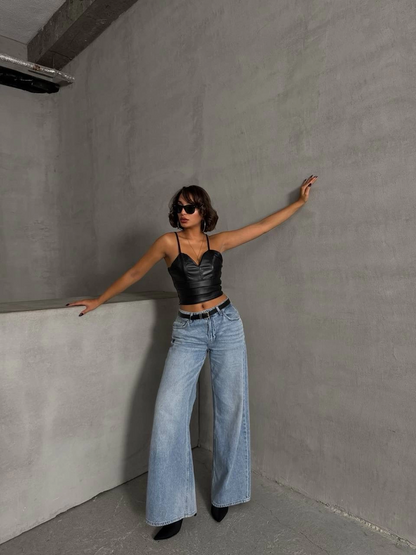 İp askılı yandan fermuarlı rastale deri crop siyah s24113