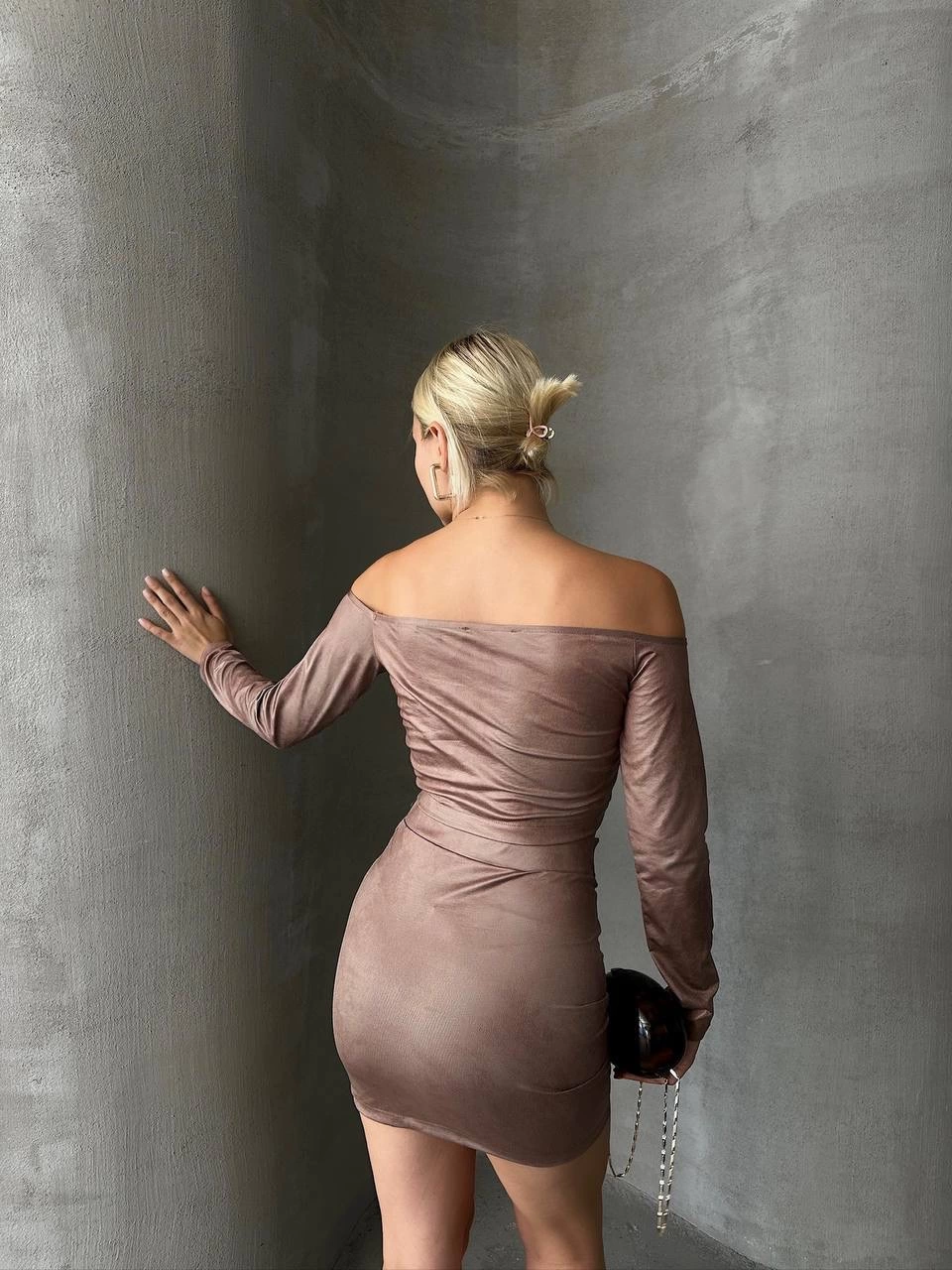 Büzgülü etek bluz takım kahve s24709