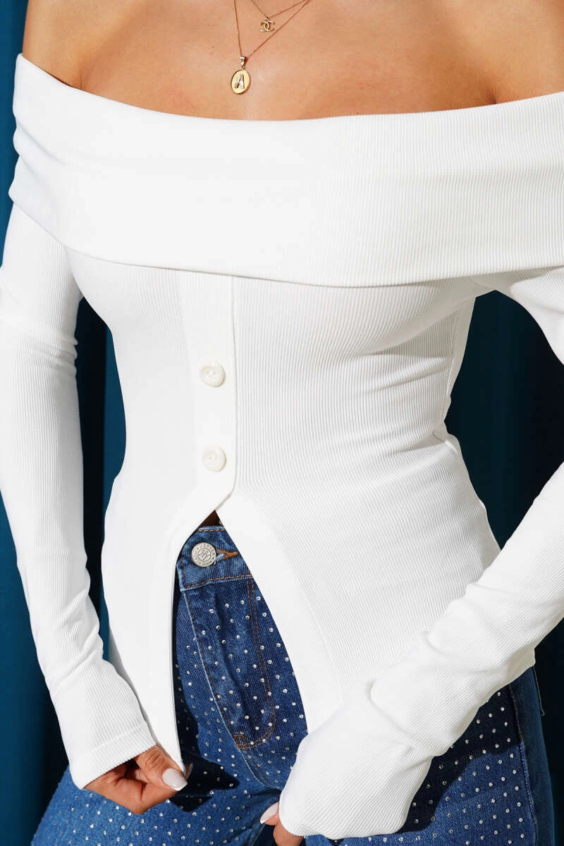 Madonna Yaka Düğmeli Bluz Beyaz t4329