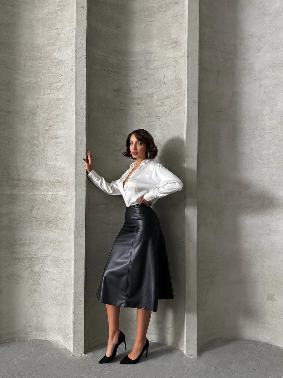 Komple parçalı deri etek siyah h26441