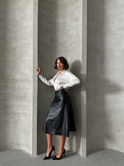 Komple parçalı deri etek siyah h26441