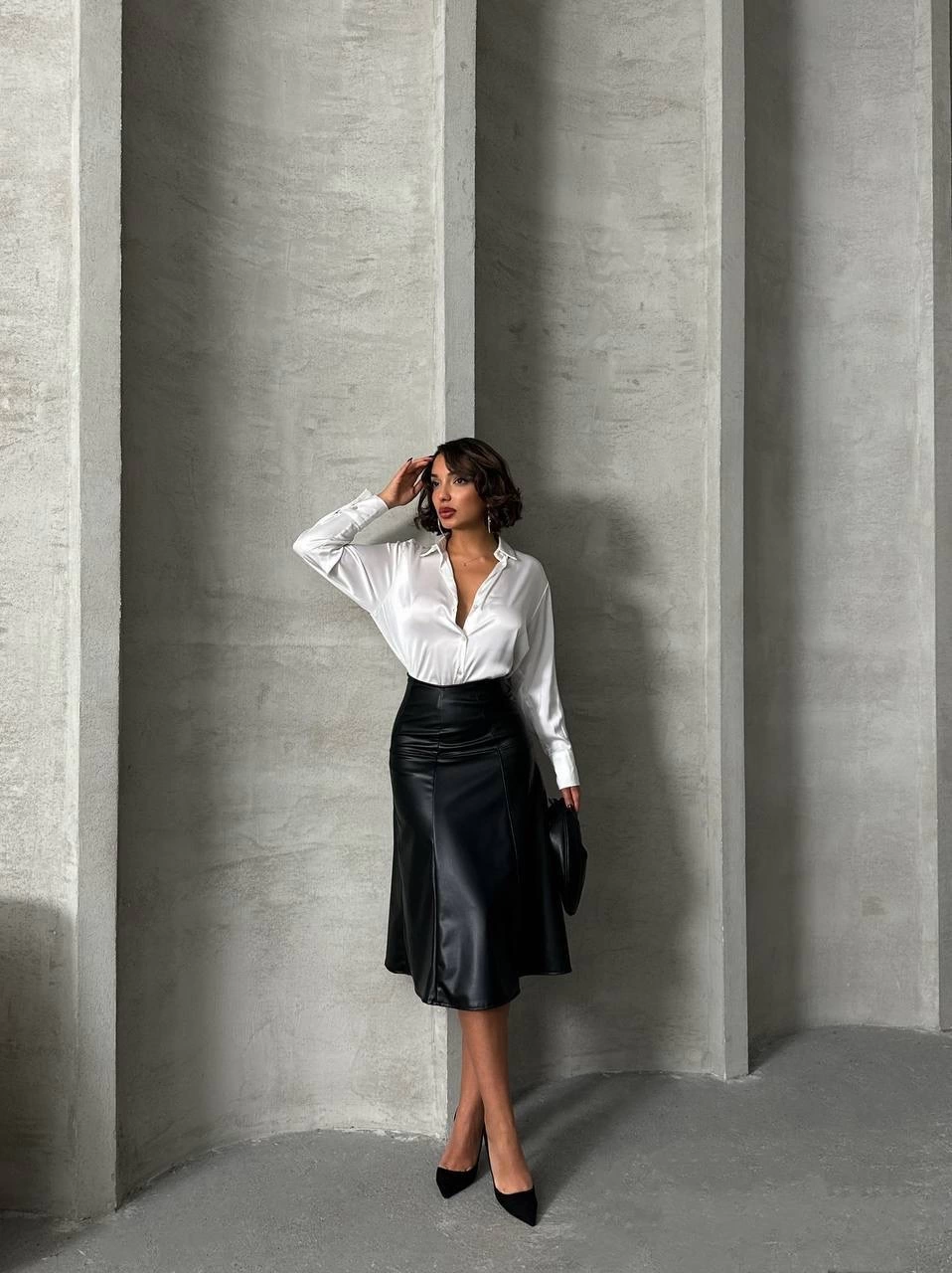 Komple parçalı deri etek siyah h26441