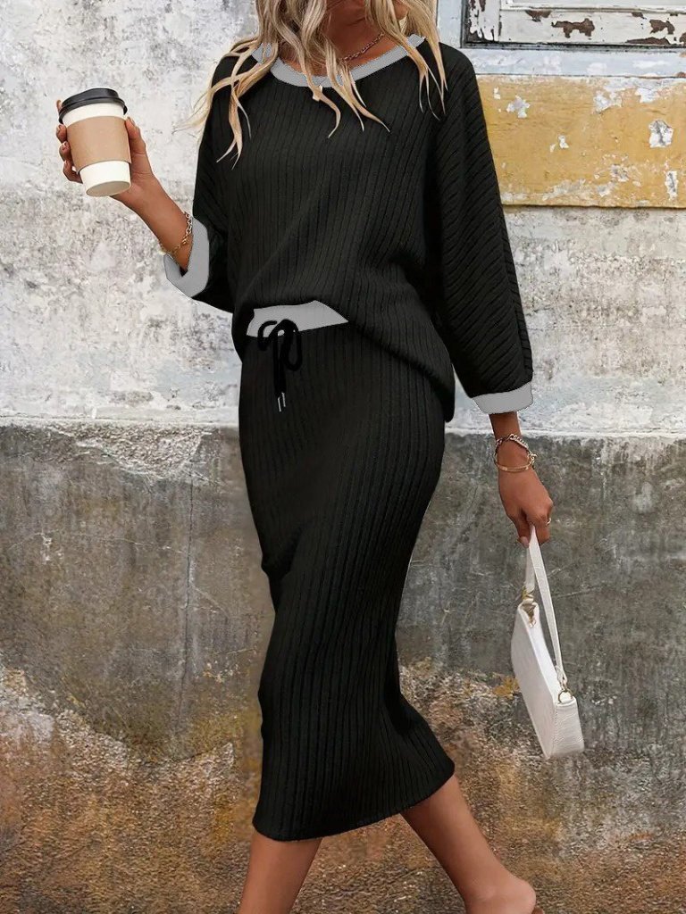 Kadın Uzun Kollu Yakası Açık şardonlu Kaşkorse Bluz Ve Eteği Bağcıklı Ikili Takım