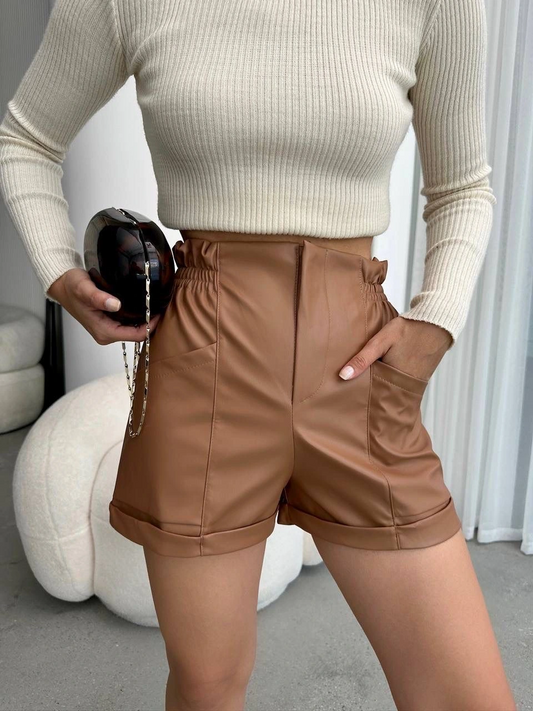 Beli lastikli deri şort kahve H24605