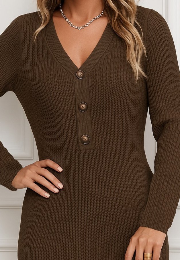 Kadın Uzun Kollu V Yakalı önden Düğmeli Kısa Triko Elbise