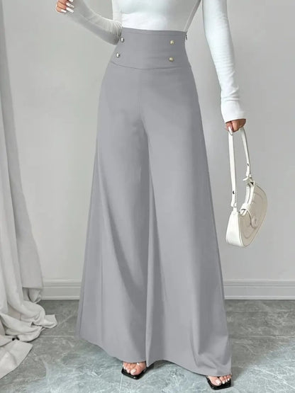 Kadın Yüksek Bel Düğmeli Geniş Paçalı Ithal Krep Pantolon