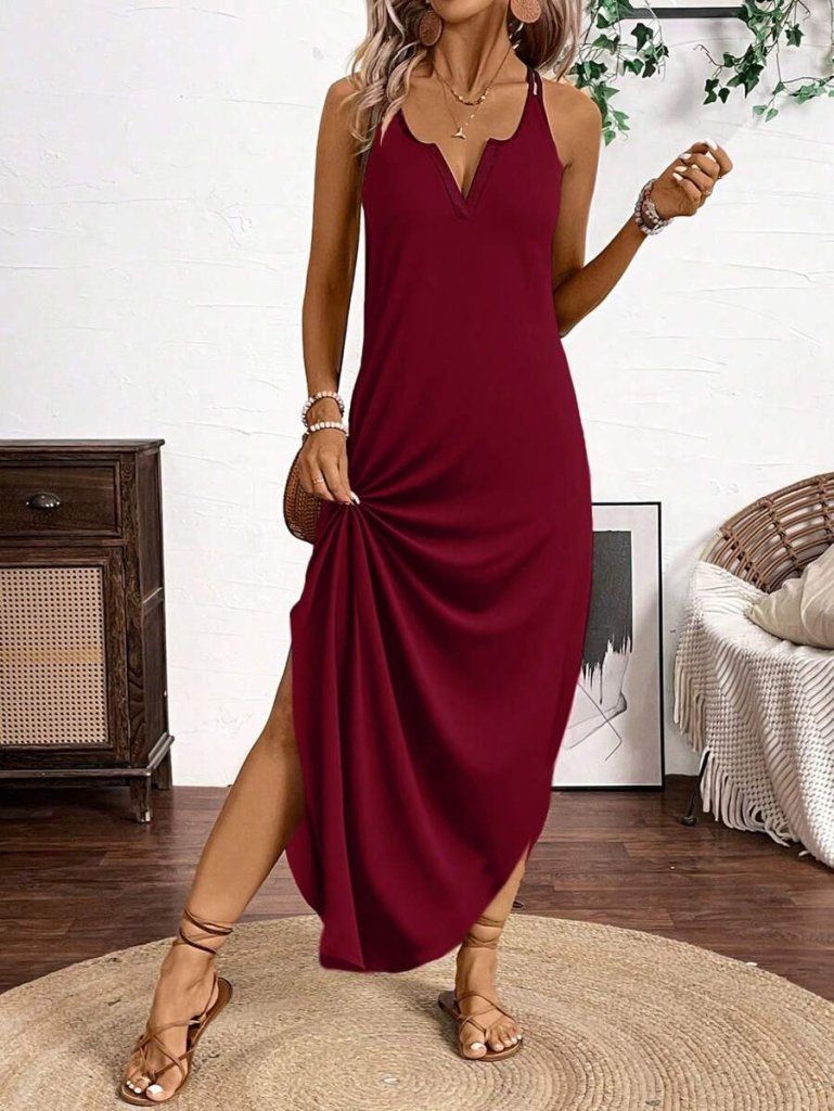 Kadın Askılı Yuvarlak Yaka Asimetrik Detaylı Viskon Elbise