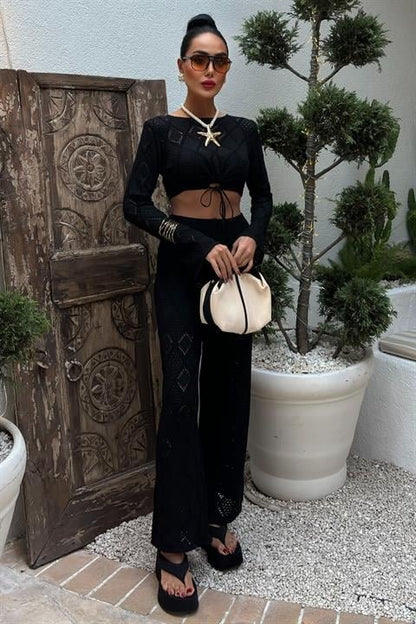 Göğüs Bağcık Detaylı Ajurlu Bluz Pantolon Takım 10098