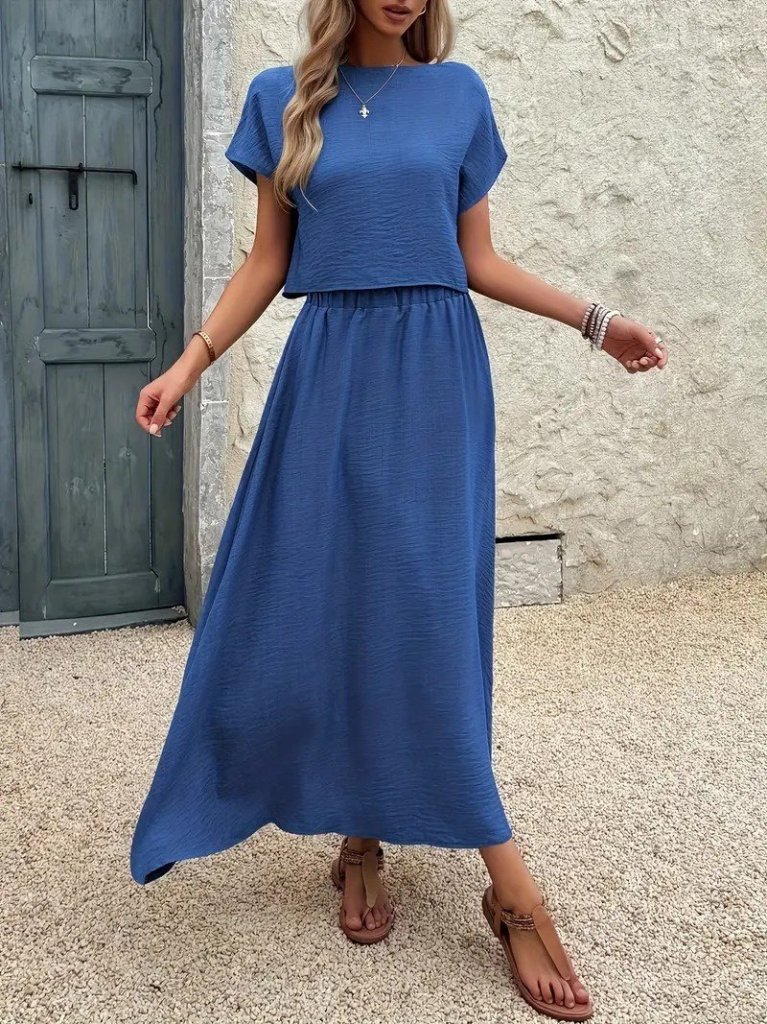 Kadın Kısa Kollu Bisiklet Yaka Bluz Etekli Ithal Keten Ikili Takım