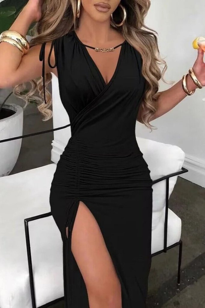 Kadın Sıfır Kollu V Yakalı Yırtmaç Detaylı Beli Büzgülü Omuzdan Bağcıklı Sandy Maxi Elbise