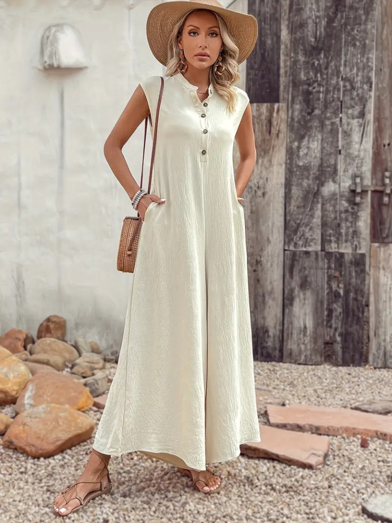 Kadın Kısa Kollu önden Düğmeli Paçaya Doğru Geniş Cepli Uzun Bürümcük Tulum