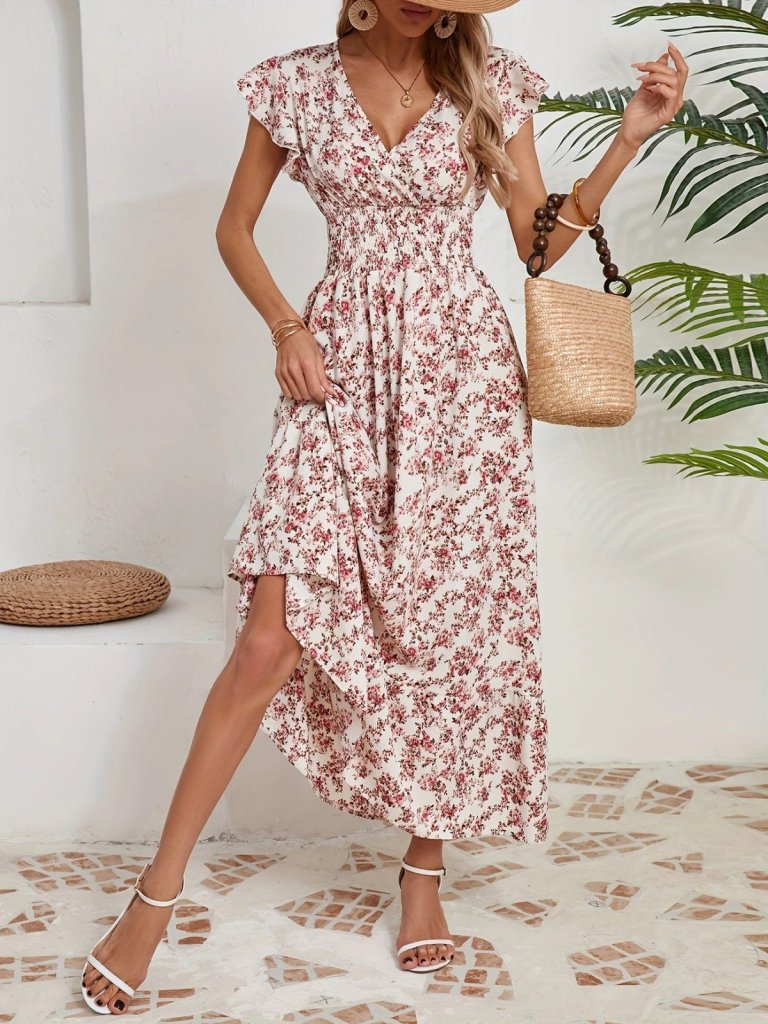 Kadın Kısa Kollu Kruvaze Yaka Beli Lastikli çiçek Desenli Elbise