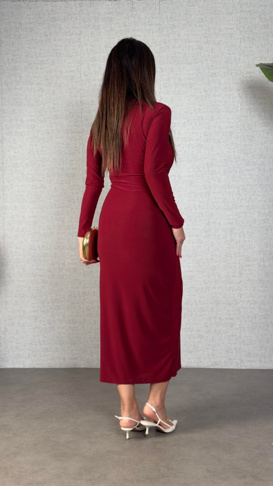 Kadın Balıkçı Yaka Toka Detay Sandy Kumaş Midi Boy Elbise