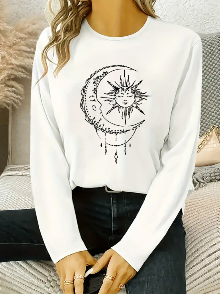 Kadın Uzun Kollu Bisiklet Yaka Ay Baskılı Viskon Bluz