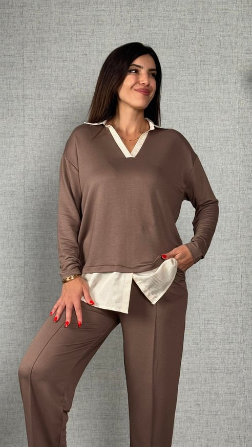 Polo Yaka Gömlek Detay Salaş Balon Pantolunlu ıkılı Takım