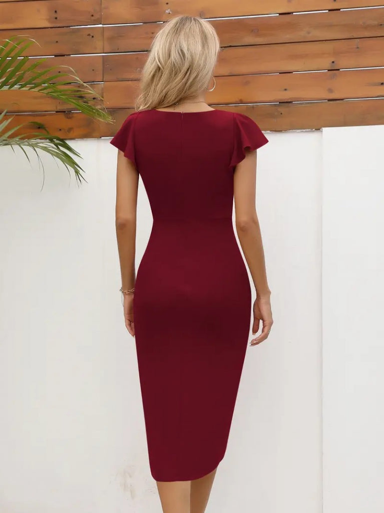 QKadın Kısa Kollu Kalp Yaka Yanlardan Büzgü Detay Midi Janjan Krep Elbise