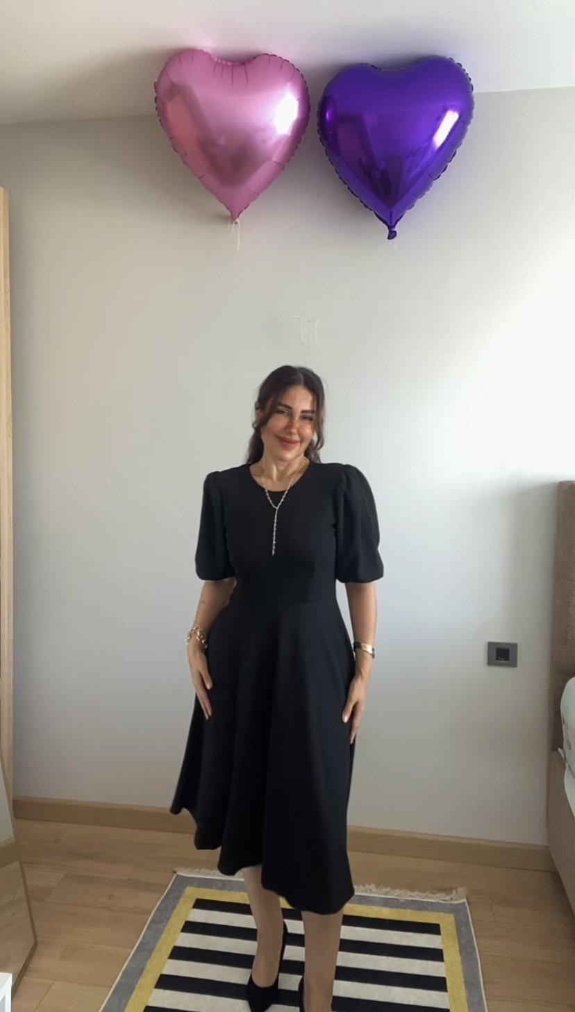 Kadın Kısa Balon Kollu Bisiklet Yaka Kiloş Janjan Krep Elbise