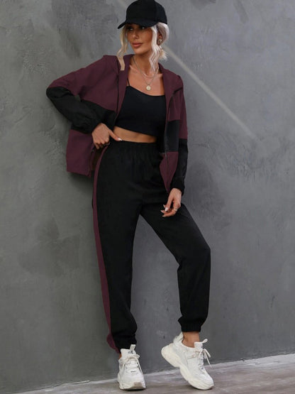 Kadın Uzun Kollu Kapşonlu önden Fermuarlı Viskon Iki Iplik Bluz Ve Pantolon Ikili Takım