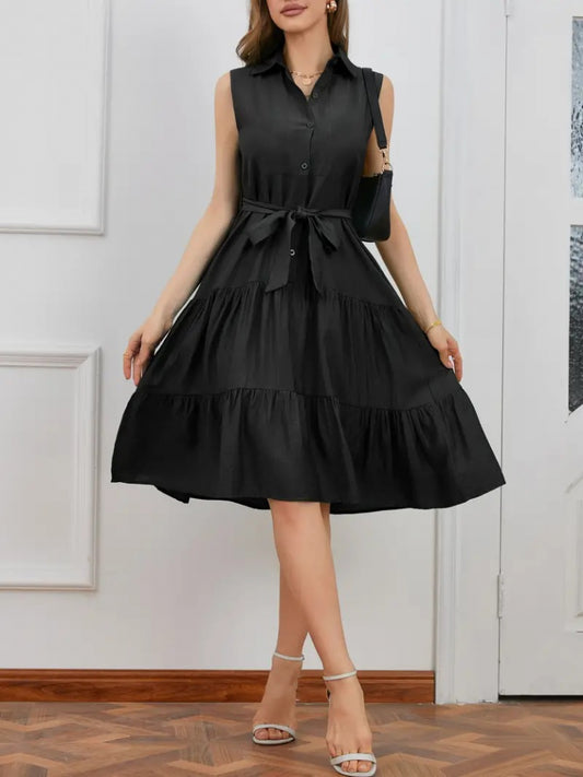 Kadın Kısa Kollu Gömlek Yaka Düğmeli Beli Kuşaklı Katlı Dokuma Midi Elbise