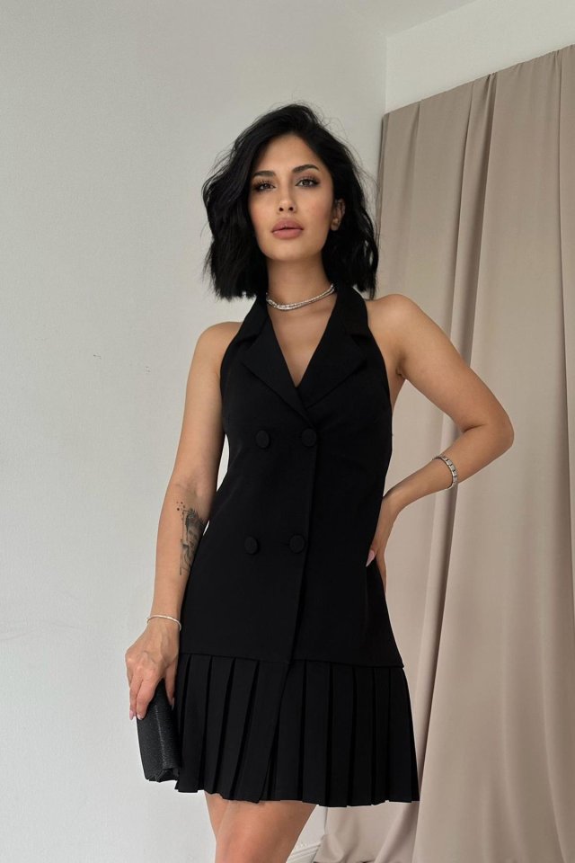 Siyah Sırtı Açık Ceket Yakalı Elbise