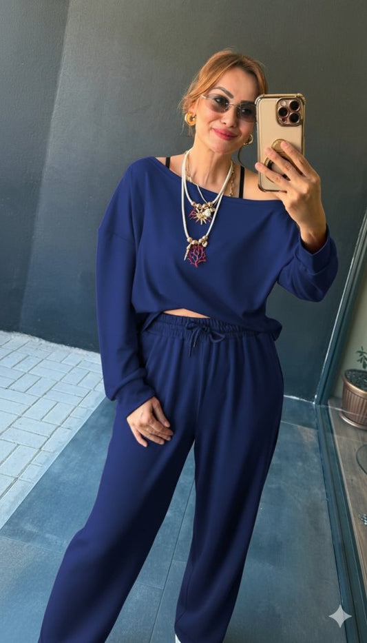 Kadın Uzun Kollu Tek Omuzdan Açık Viskon Iki Iplik Bluz Ve Pantolon Ikili Takım