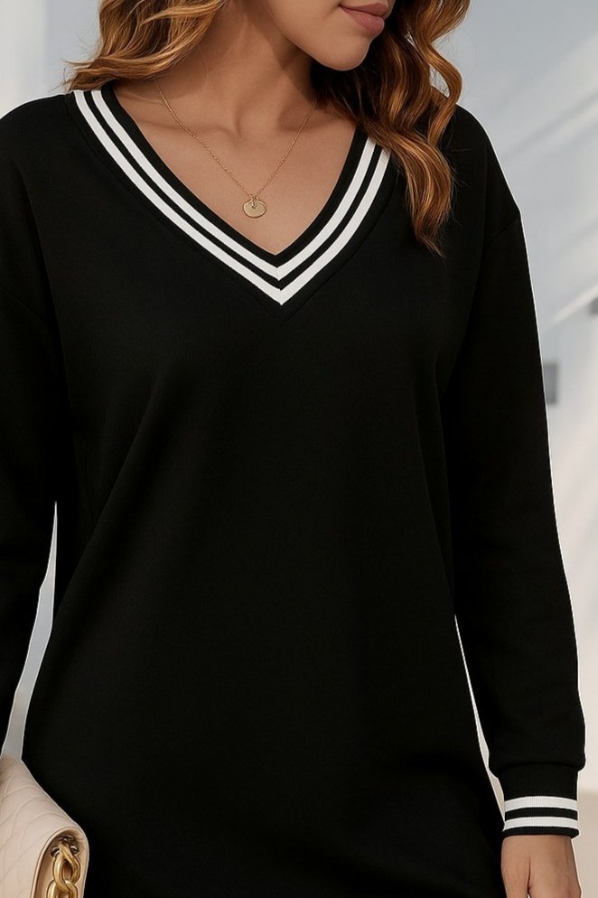 Kadın Uzun Kollu V Yakalı şerit Detaylı Kısa Viskon Iki Iplik Elbise