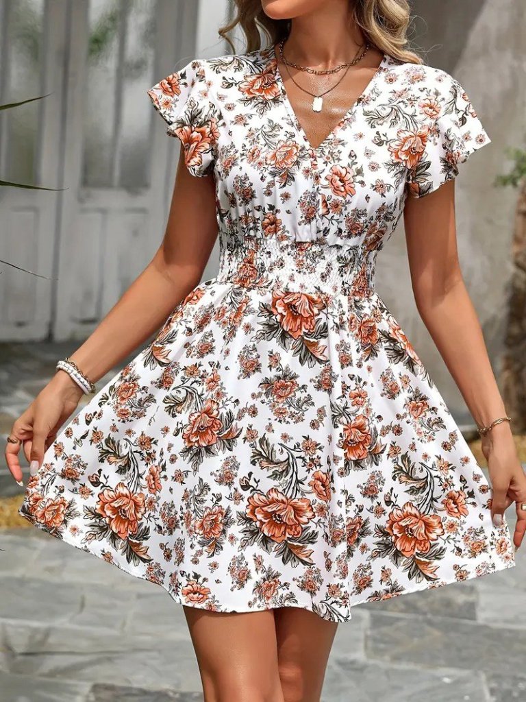 Kadın Kısa Kollu Kruvaze Yakalı çiçek Desenli Süprem Elbise
